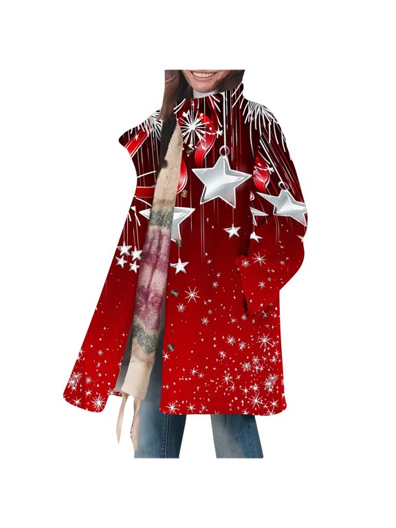 Women's Winter Coats Knee Length Star Fleece Jacket Button Long Sleeve Collared Outerwear with Pockets Tops 2XL