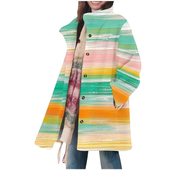 SELONE Women's Winter Coats Knee Length Stripes Fleece Jacket Button Long Sleeve Collared Tops with Pockets Outerwear 3XL