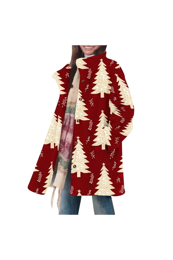 Women's Winter Coats with Pockets Mid Christmas Tree Fleece Jacket Button Long Sleeve Collared Outerwear Tops S