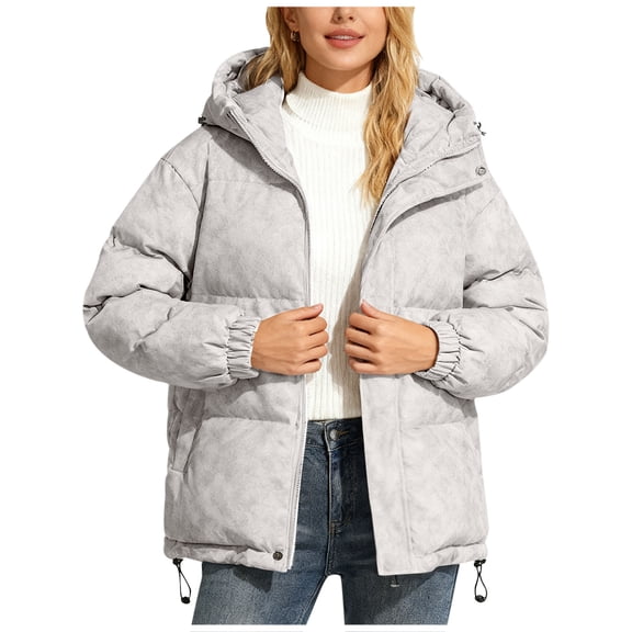 SELONE Women's Winter Coats with Pockets Short Puffer Jacket Hoodies Zipper Long Sleeve Tops Soild Outerwear Gray 2XL