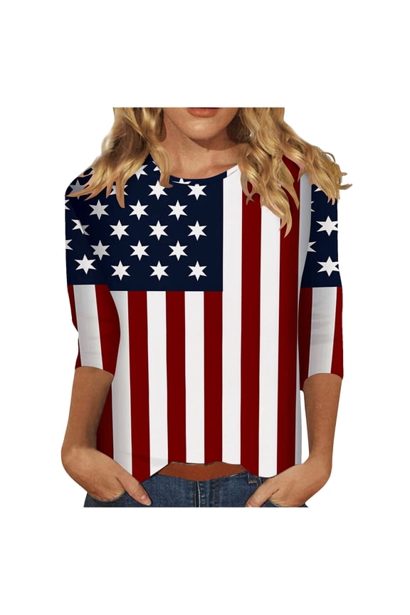 Womens 3/4 Sleeve Tops Stars Stripes Crewneck USA Flag Themed Apparel Red White Blue Wear Clothes July 4 Gifts Activewear L