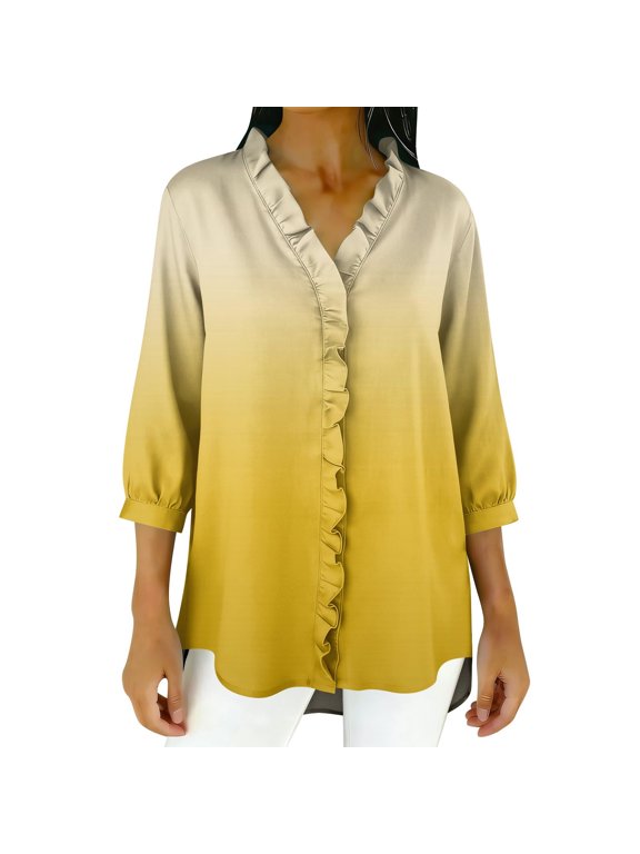 Womens 3/4 Sleeve Tops V Neck Button Down Shirts Gradient Business Cardigan Lace Neckline Beach Outfits Yellow L