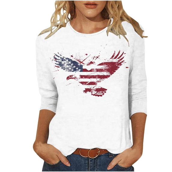 SELONE Womens 3/4 Sleeve Tops and Blouses 4th of July Crewneck American Apparel Red White Blue Wear Clothes Gifts Activewear 2XL