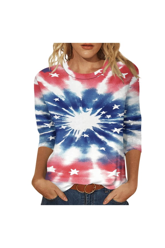 Womens 3/4 Sleeve Tops and Blouses Pride Crewneck 4th of July Graphic Apparel Red White Blue Wear Clothes Gifts Activewear L