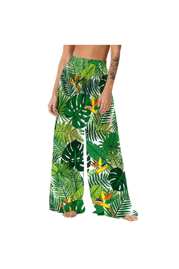 Womens Beach Cover up Sun Protection Boho Pants Summer Wide Leg Elastic Waist Trouser Hawaiian Chiffon Wear
