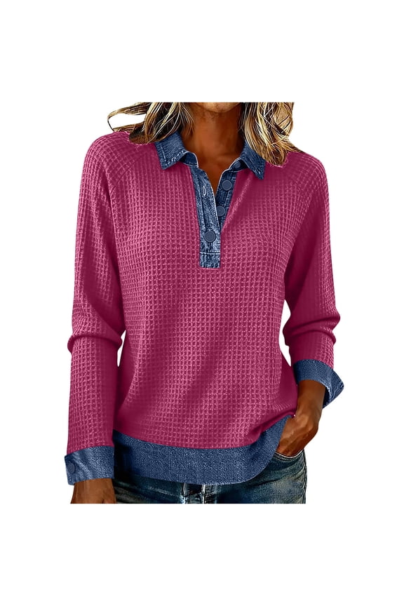Womens Button Front Pullover Sweatshirt Collar Tops Long Sleeved Denim Patchwork Shirt Color Block Outerwear 2XL