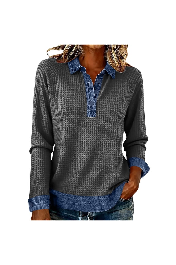 Womens Button Front Pullover Sweatshirt Collar Tops Long Sleeved Denim Patchwork Shirt Color Block Outerwear S