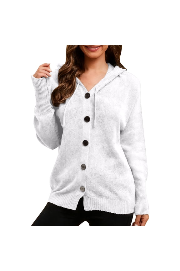 Womens Button up Cardigan Drawstring Knitted Tops with Hoodies Long Sleeve Buttons Sweaters Winter Soild Outwear