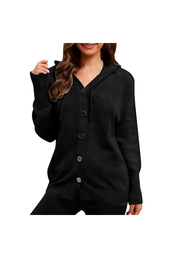 Womens Button up Cardigan Drawstring Knitted Tops with Hoodies Long Sleeve Buttons Sweaters Winter Soild Outwear