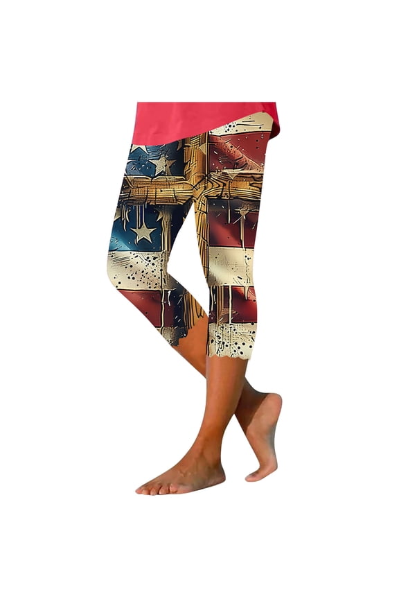 Womens Capri Tights 4th of July High Elastic Waist Leggings Summer Festival Pants Star Stripe Outwear Blue L