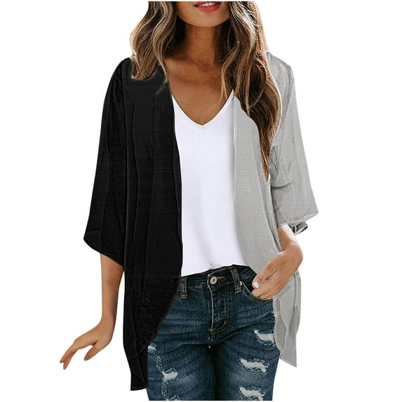 SELONE Womens Cardigan Sweaters Open in Front 3/4 Sleeve Regular Cardigans Without Hoodie Color Blocking Lightweight Beach Vacation Wear Gray L