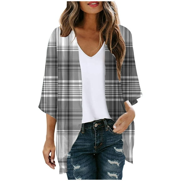 SELONE Womens Cardigans Lightweight Summer 3/4 Sleeve Regular Open Front Cardigans Without Hoodie Plaid Beach Vacation Wear Gray L