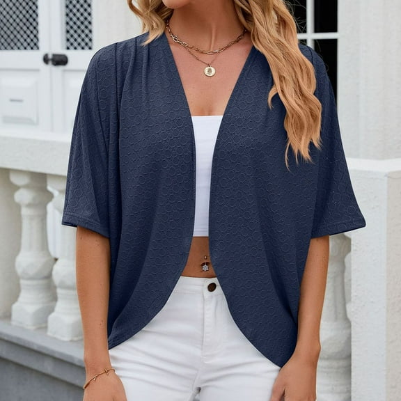 SELONE Womens Cardigans Lightweight Summer Half Sleeve Outer Layer Shirts Soft Open Front Petite Solid Casual Cover Up Navy L