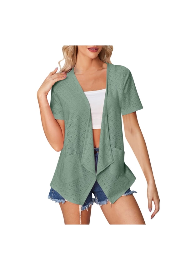 Womens Cardigans Lightweight Summer Short Sleeve Regular with Pockets Open Front Cardigans Without Hoodie Solid Beach Vacation Wear Green 2XL