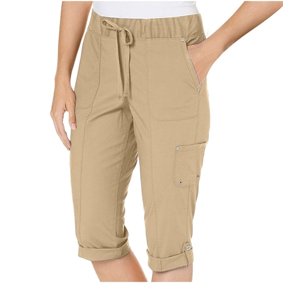 SELONE Womens Cargo Pants Plus Size with Pockets Mid Waist Trouser Pants Capri Trendy Pants Casual Vacation Pants Drawstring Pull on Solid Lightweight Comfy Beige S Breathable Summer Clothes