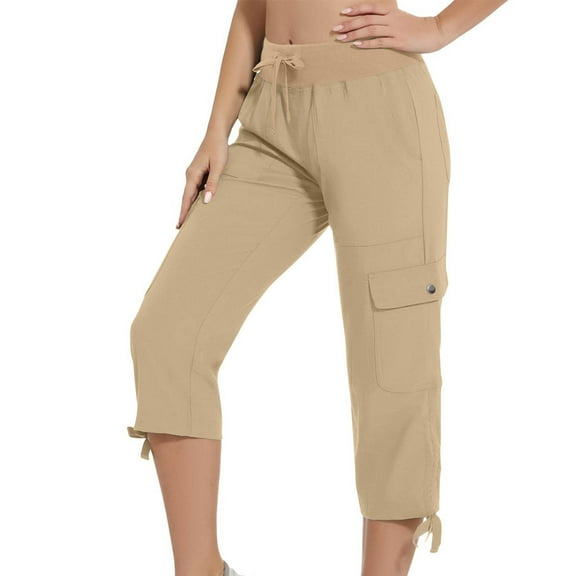 SELONE Womens Cargo Pants with Pockets Classic Mid Waist Plus Size Trouser Pants Capri Trendy Pants Casual Vacation Pants Drawstring Solid Lightweight Comfy Khaki 2XL Breathable Summer Clothes