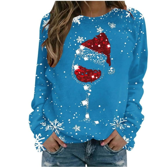 SELONE Womens Christmas Tshirts Long Sleeved Crewneck Xmas Printed Tops Tops Crewneck Shirt Blue XL