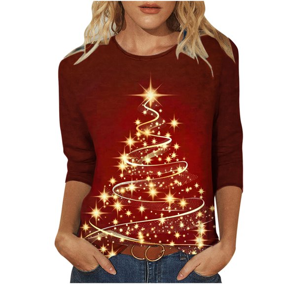 SELONE Womens Christmas Tshirts Red Long Sleeve Rund Neck Printed Tops Sweatshirts S