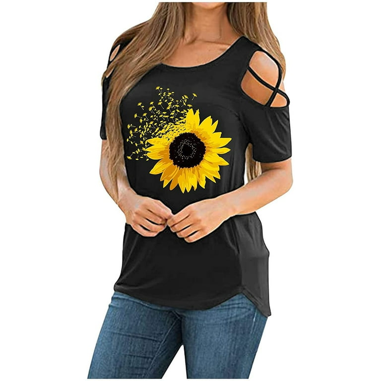 SELONE Womens Cold Shoulder Tops and Blouses Plus Size Short Sleeve Tops Blouses Regular Fit T Shirts Pullover Tees Tops Sunflower Print T Shirts Crew
