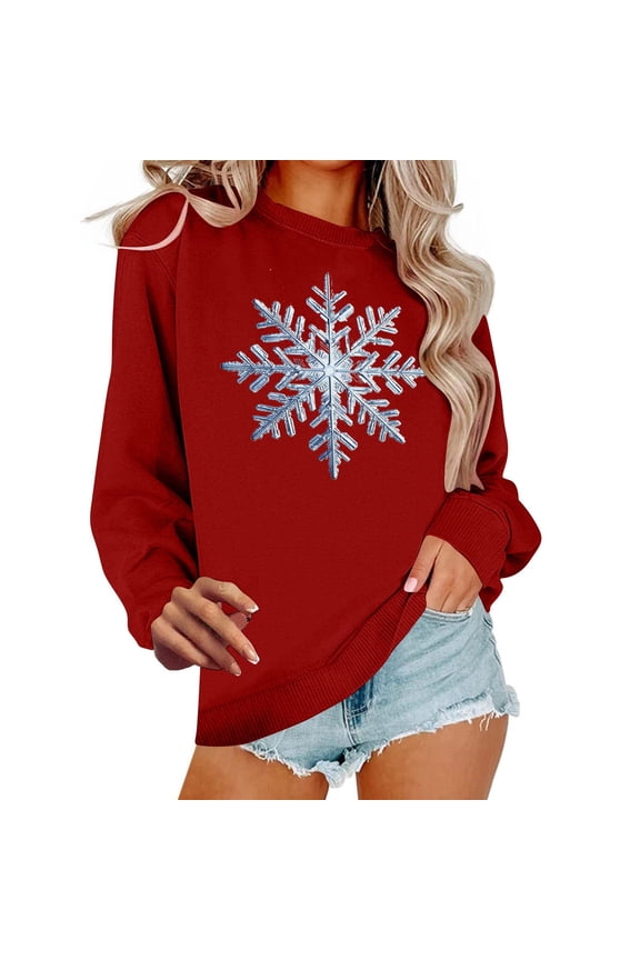Womens Crew Neck Sweatshirt Christmas Snowflakes Print pullover Shirts Soild Tops Loose Vacation Clothes