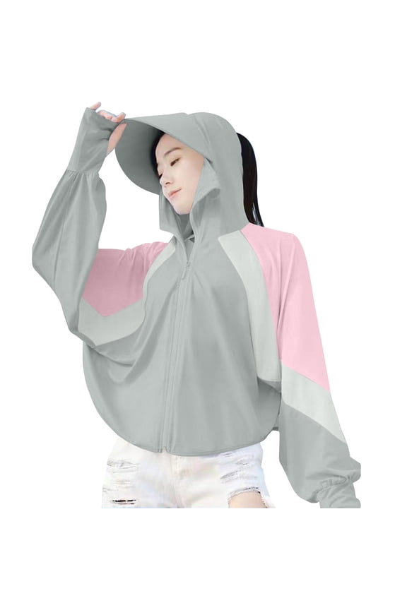 Womens Cropped Jacket Sun Protection Face Mask Hoodies Coats Long Sleeve Clothing Color Block Summer Outwear