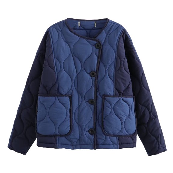 SELONE Womens Cropped Puffer Jacket Winter Coat Button Long Sleeve Crewneck Outerwear with Pockets Soild Tops Blue L