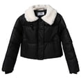 thumbnail image 1 of SELONE Womens Cropped Puffer Jacket Winter Coat Plush Button Long Sleeve Collared Tops with Pockets Soild Outerwear 2XL, 1 of 7