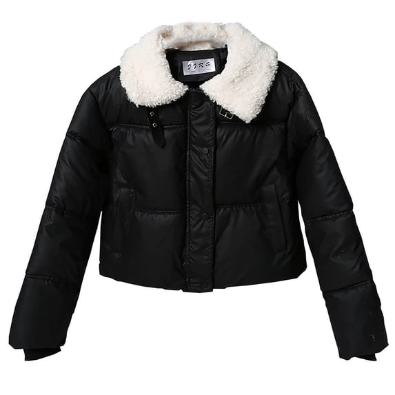 SELONE Womens Cropped Puffer Jacket Winter Coat Plush Button Long Sleeve Collared Tops with Pockets Soild Outerwear 2XL