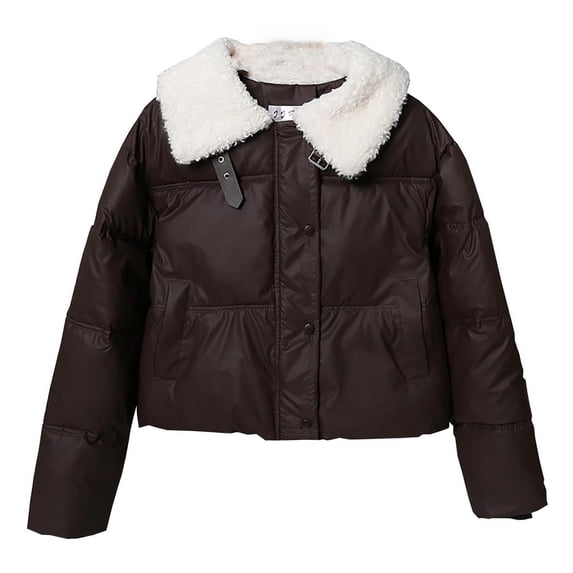 SELONE Womens Cropped Puffer Jacket Winter Coat Plush Button Long Sleeve Collared Tops with Pockets Soild Outerwear M