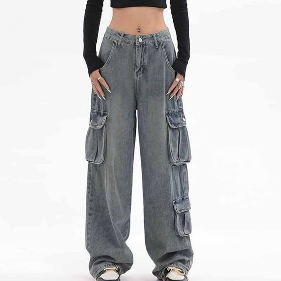 SELONE Womens Denim Cargo Pants Mid Rise with Pockets Denim Lounge Trousers Ankle Length Baggy Athletic Pants Blue S