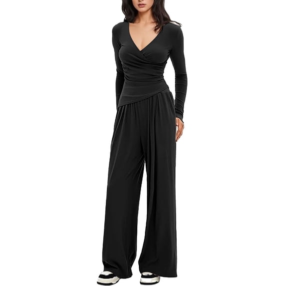 SELONE Womens Fall Sets 2 Piece Sets V Neck Long Sleeve Tops and Wide Leg Pants Winter Matching Sets with Pockets XS