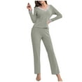 thumbnail image 1 of SELONE Womens Flannel Pajama Sets Warm Lightweight Ribbed V Neck Lace Top Elastic Waist Pants Two Piece Set, 1 of 4