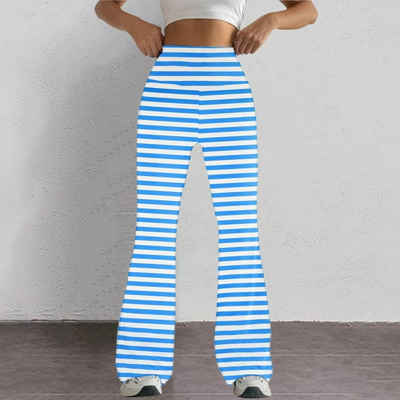 SELONE Womens Flare Leggings Tall Mid Waist Plus Size Gym Leggings Full Length Summer Pants Curvy Casual Long Flare Vacation Pants Pull on Striped Yoga Lightweight Comfy Blue S Breathable Beach Pants