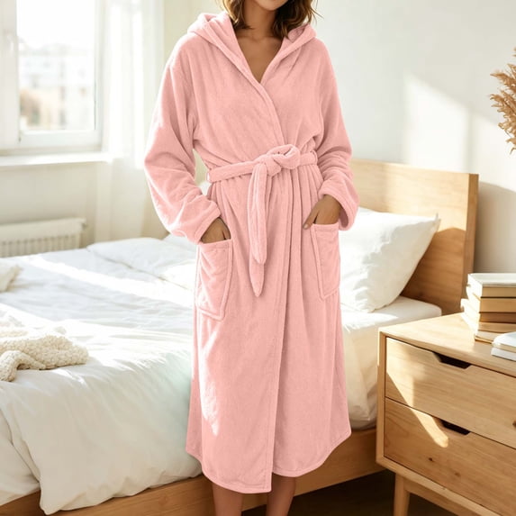 SELONE Womens Hooded Robe Lightweight Soft Long Bath Robe Lace up Long Sleeve Bathrobe with Pockets Homewear Clothes