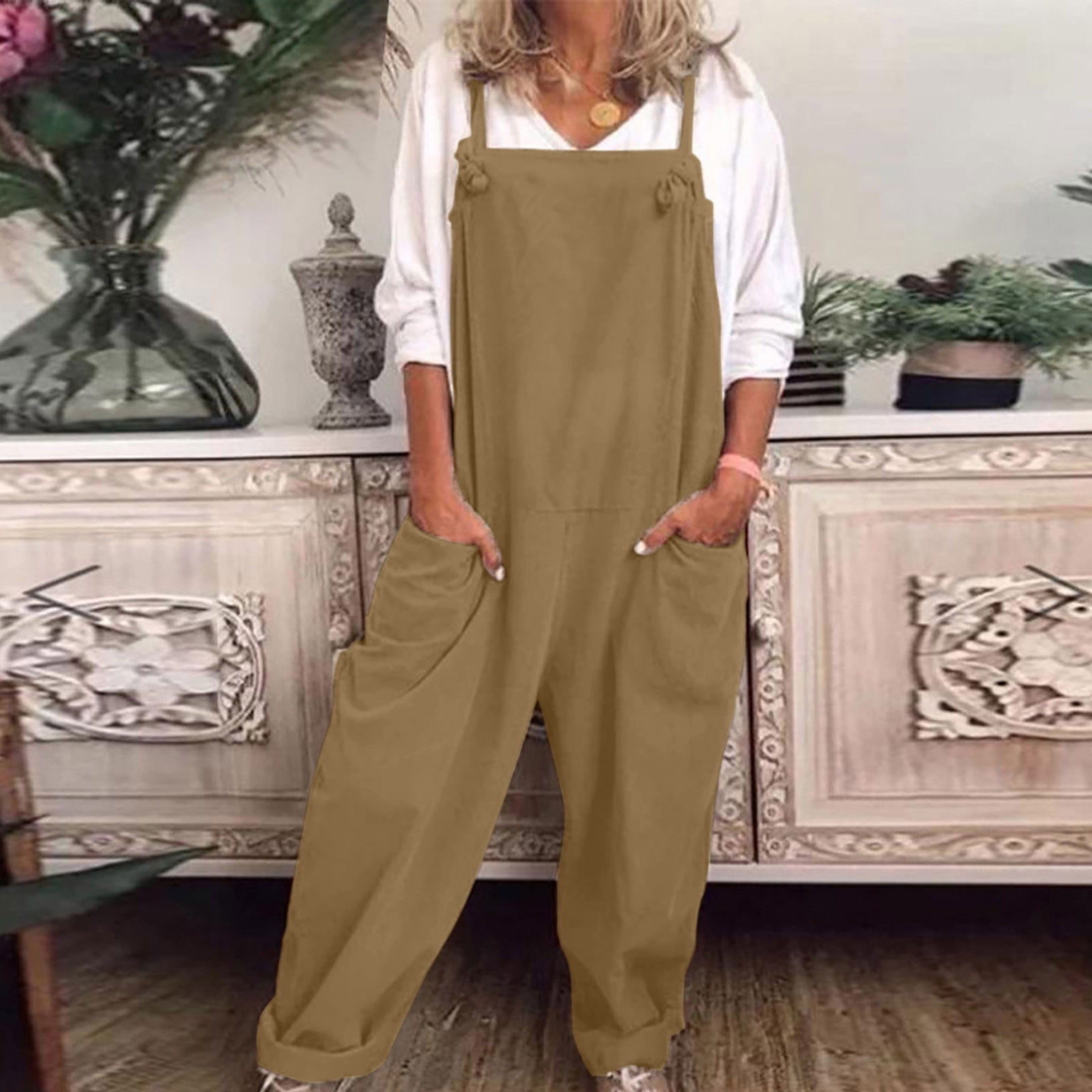 V Neck Button Up Cotton Linen Baggy Jumpsuits main image 0