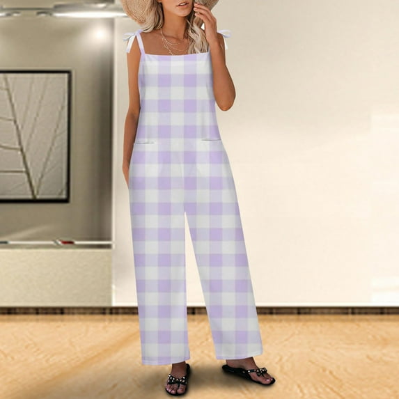 SELONE Womens Jumpsuits Casual Petite With Pockets Plus Size Adjustable Baggy Wide Leg Backless Trendy Sleeveless Summer Printed Long Sleeve Ladies Loose Long Rompers Jumpsuit Purple XL