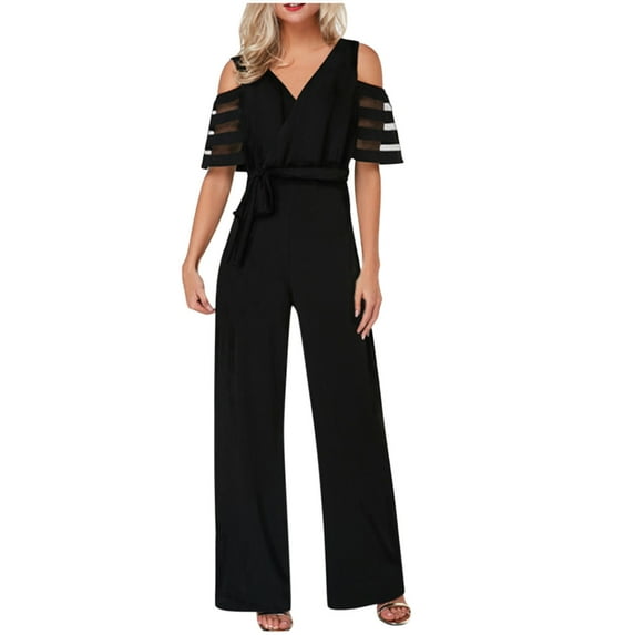 SELONE Womens Jumpsuits Casual Short Wide Leg Pants Ladies Travel Comfortable Vacation Flowy Rompers Womens Jumpers and Rompers Casual Fashion Solid Color Mesh Short Sleeve Black L