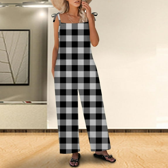 SELONE Womens Jumpsuits Casual Stretchy With Pockets Plus Size Adjustable Baggy Wide Leg Backless Trendy Sleeveless Summer Printed Long Sleeve Ladies Loose Long Rompers Jumpsuit Black M