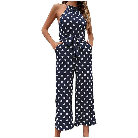 SELONE Womens Jumpsuits Dressy Casual Short Summer Suspender Bandage Long Pant Ladies Travel Comfortable Vacation Fancy Jumpsuits for Women Jumpers and Rompers Casual Wave Point Navy XL