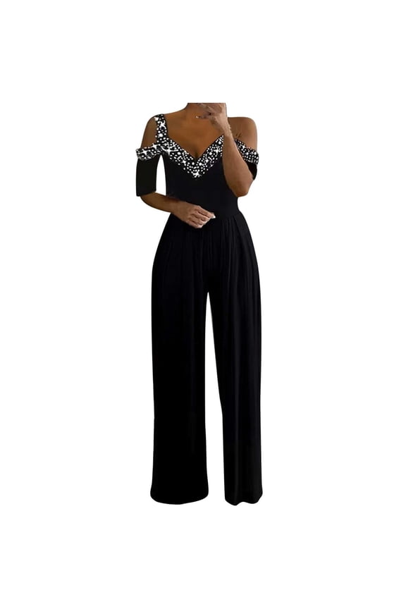 Womens Jumpsuits Dressy Casual Short Wide Leg Long Pant Ladies Travel Comfortable Vacation Loose Rompers for Women Jumpers and Rompers Casual Fashion V Neck Short Sleeve Black XL