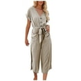thumbnail image 1 of SELONE Womens Jumpsuits Dressy Casual Short Wide Leg Loose Fit Pants Ladies Travel Comfortable 2023 Vacation Flowy Rompers Jumpers and Rompers Casual Short Sleeve Lace with Pockets Solid Color Beige L, 1 of 9