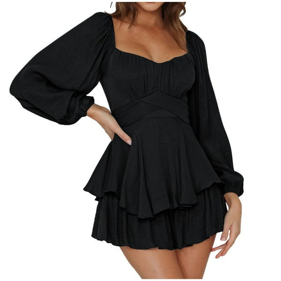 SELONE Womens Jumpsuits Long Sleeve Short Bandage Long Pant Ladies Travel Comfortable 2023 Vacation Flowy Rompers Jumpers and Rompers Casual Square Collar Bandage Lotus Leaf Solid Color Black XL