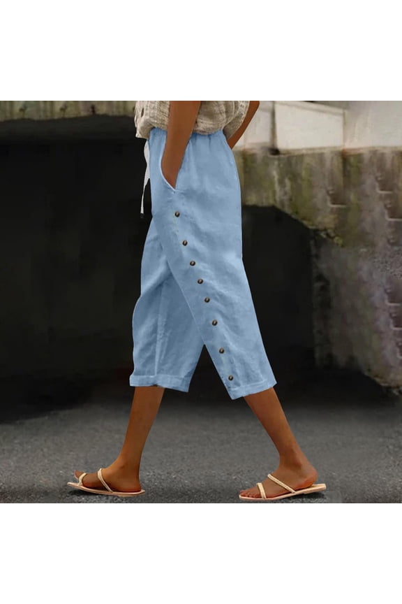 Womens Linen Pants with Pockets High Waist Plus Size Lounge Pants Cotton Linen Elastic Waist Capri Trouser Beach Pants Drawstring Solid with Buttons Tapered Blue 2XL Breathable Summer Clothes