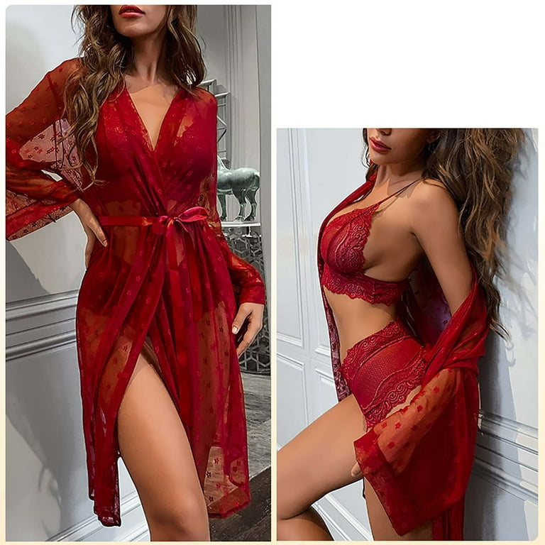 SELONE Womens Lingerie Set Lingerie Set for Women Sheer Mesh Robe Gauze 4  Piece Nightgown Perspective Nightgown 4-piece Long Bra Underpants Suit for  Valentines Day Anniversary Wedding Honeymoon Wine L 