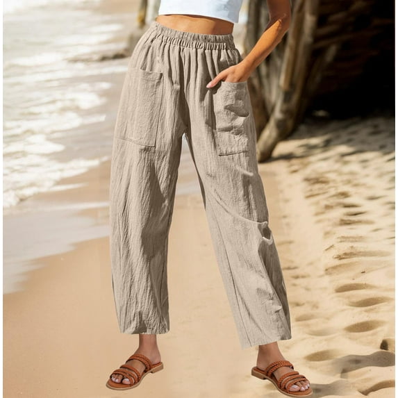 SELONE Womens Long Pants Pull on Plus Size Lounge Pants with Pockets Cotton Linen Elastic Waist Cropped Trouser Casual Beach Pants Solid Tapered Lightweight Khaki 2XL Tall Breathable Summer Clothes