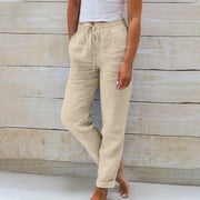 SELONE Womens Long Pants Tall Mid Waist Plus Size Lounge Pants Cotton Linen Elastic Waist Cropped Trouser Casual Beach Pants Pull on Solid Tapered Lightweight Beige XL Tall Breathable Summer Clothes