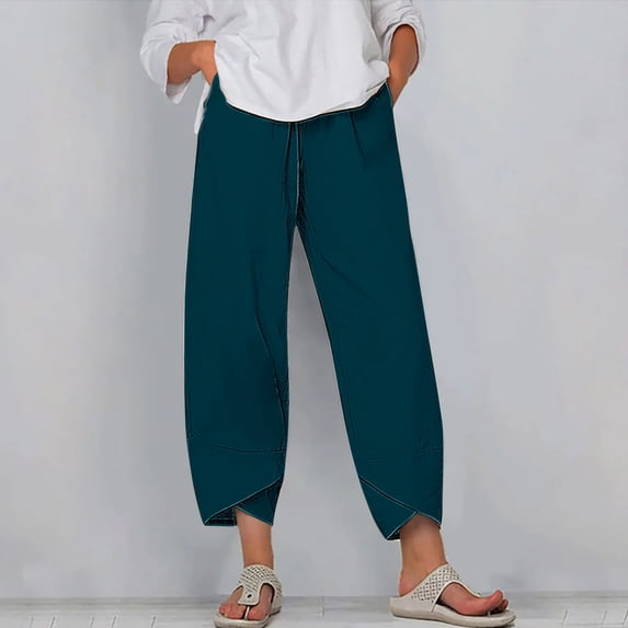 SELONE Womens Long Pants Tall Mid Waist Plus Size Lounge Pants Cropped Trouser Pants Loose Casual Beach Pants Pull on Solid Soft Straight Leg Lightweight Comfy Blue 2XL Breathable Summer Clothes