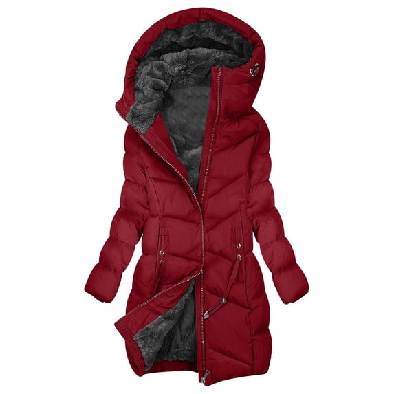 SELONE Womens Long Puffer Coat with Hood Winter Jacket Zipper Long Sleeve Outerwear with Pockets Soft Tops Red L