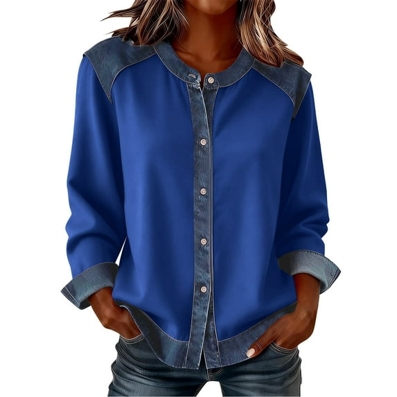 SELONE Womens Long Sleeve Button down Shirts Dressy Crew Neck Shirt Denim Patchwork Tops Color Block Outerwear Blue 2XL