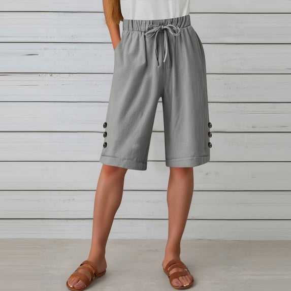 SELONE Womens Loose Shorts Plus Siz Gray Plus Size Lounge Pants with Pockets Cotton Linen Elastic Waist Bermuda Trousers Casual Trendy Pants Drawstring Solid with Buttons XL Breathable Summer Clothes